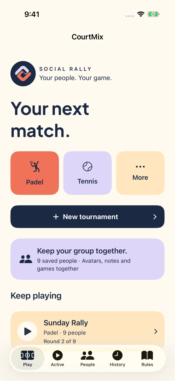 CourtMix home screen with Padel, Tennis, New tournament and a saved Sunday Rally