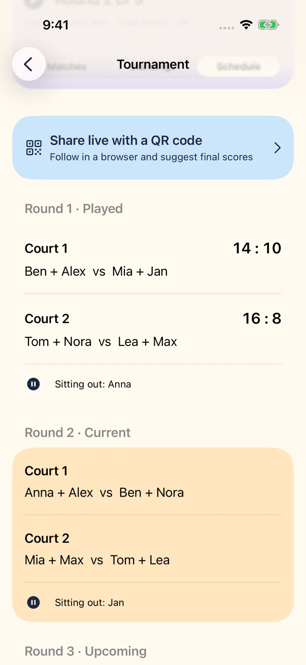 CourtMix match schedule showing rounds and court assignments